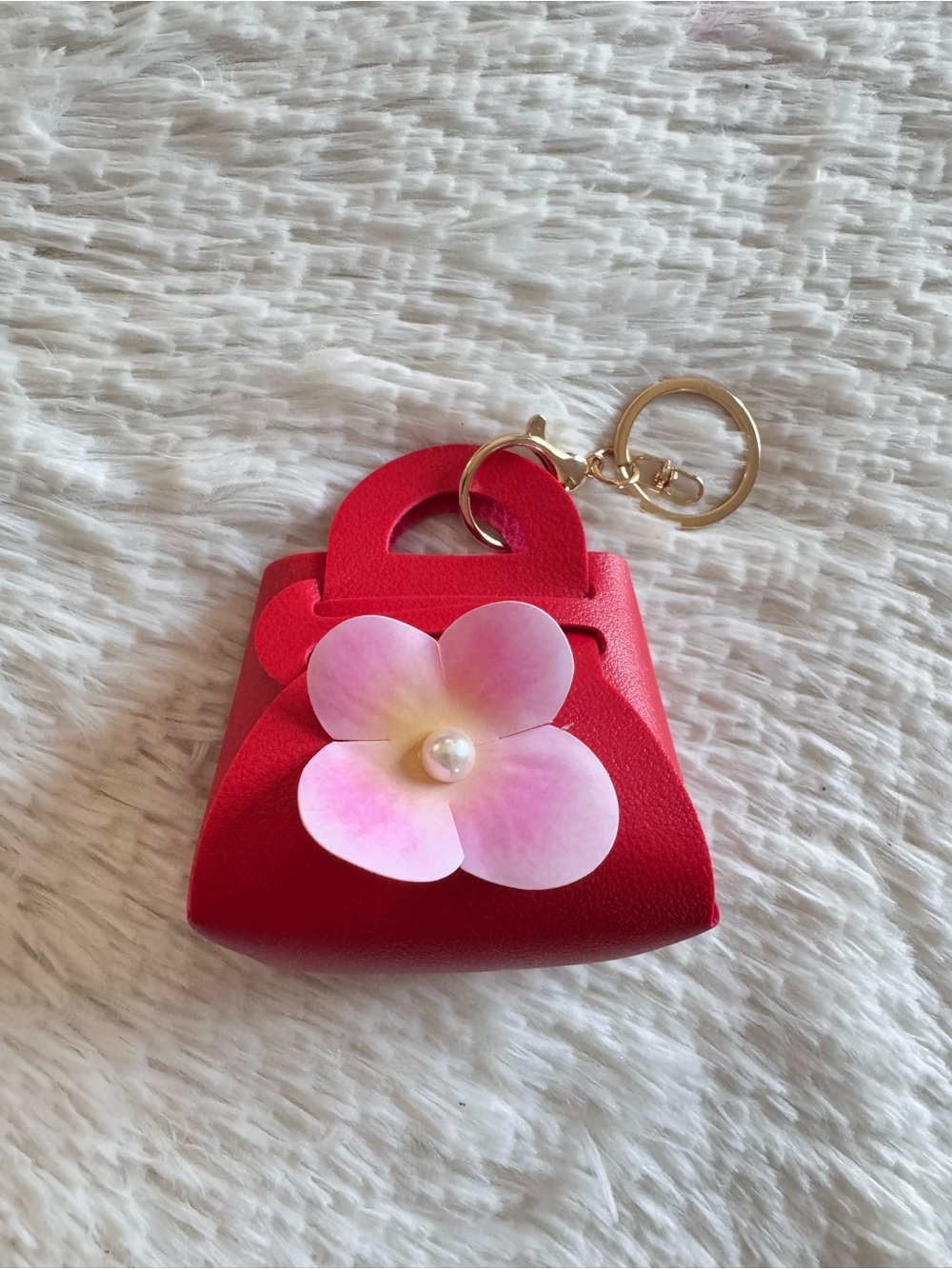 Red Mini Purse Keychain bag charm with Pink Flower Accent